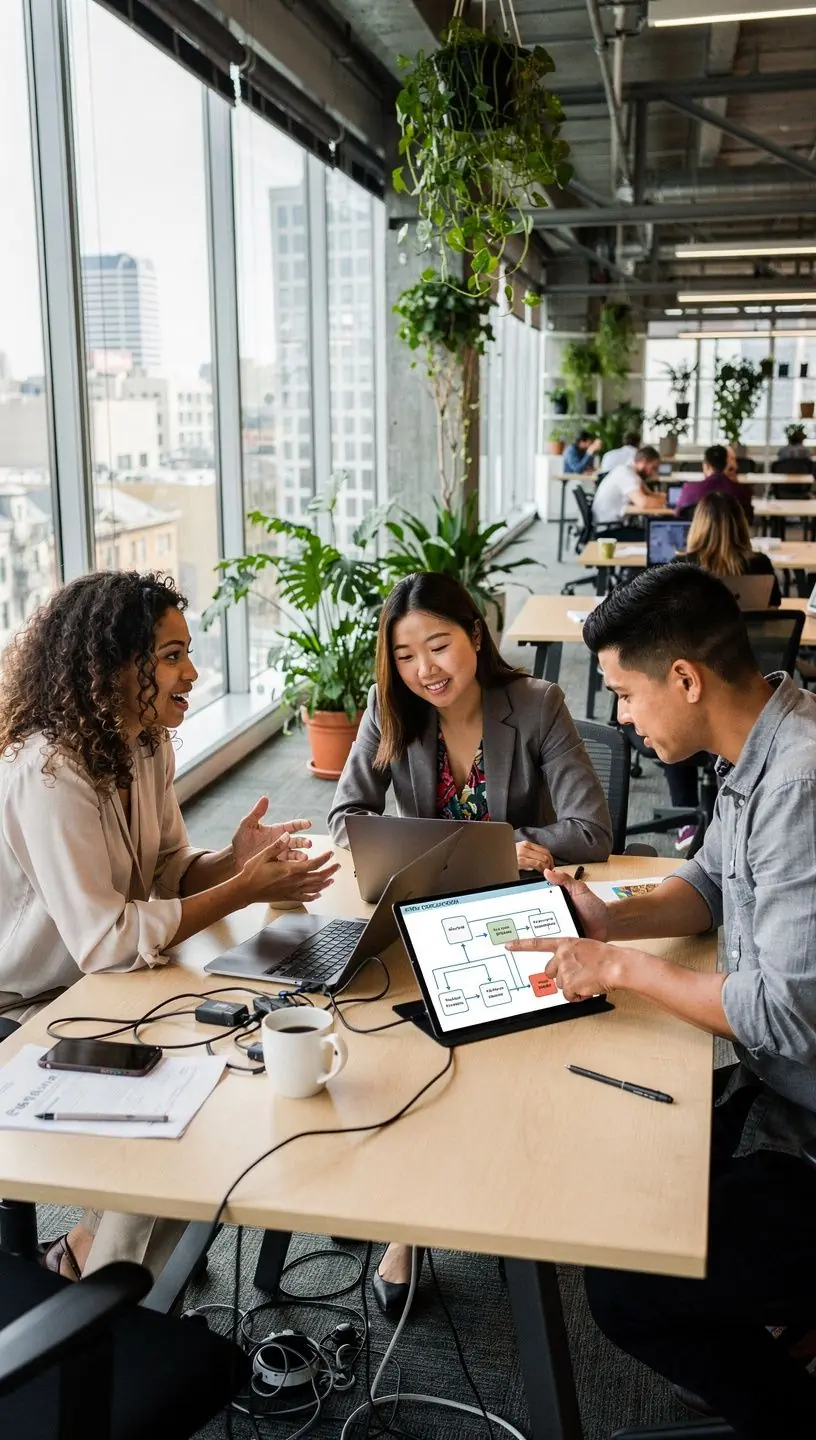 Team collaborating in a conference room discussing digital tools to improve personal productivity